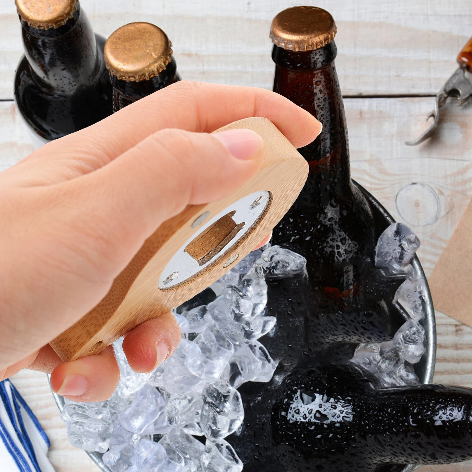 

2Pcs Magnetic Beer Bottle Opener Bamboo Fridge Decor Creative Design for Kitchen Bar Camping Practical Long Life