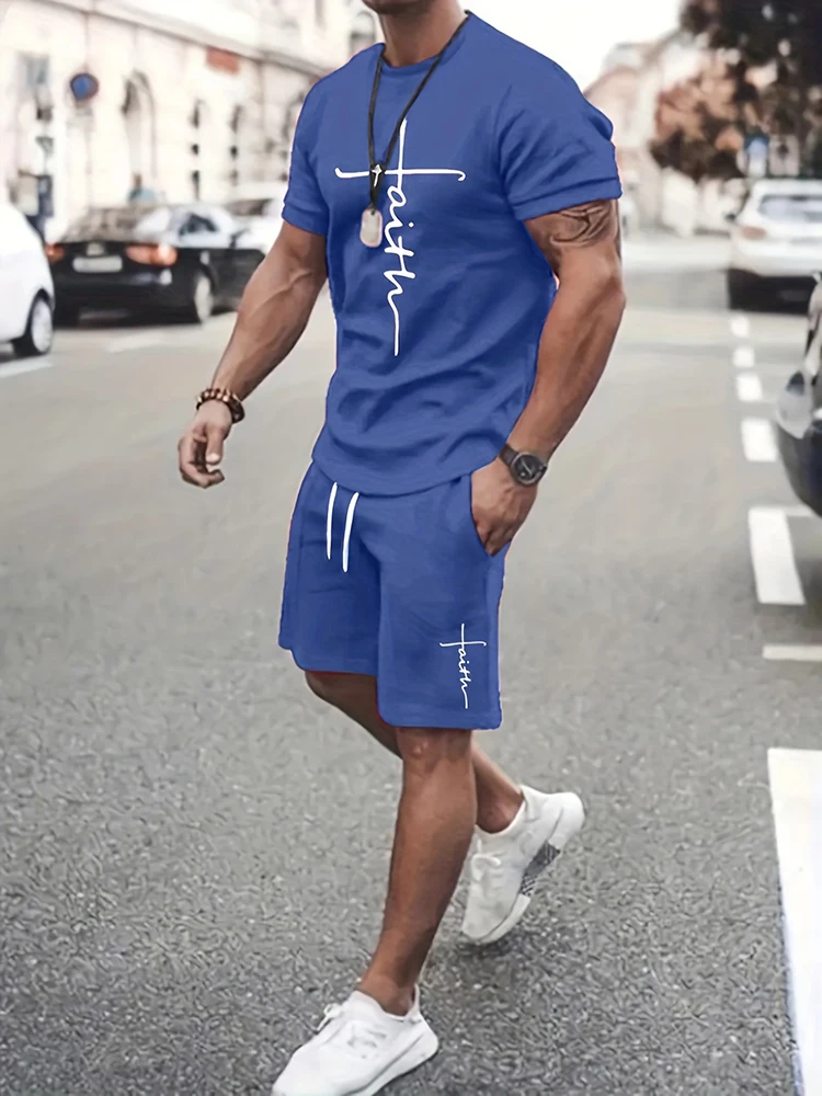 2024 3D New Summer Men\'s Suit Street Fashion Loose and Comfortable T-Shirt Outdoor Sports Running Fitness Shorts Text Printing