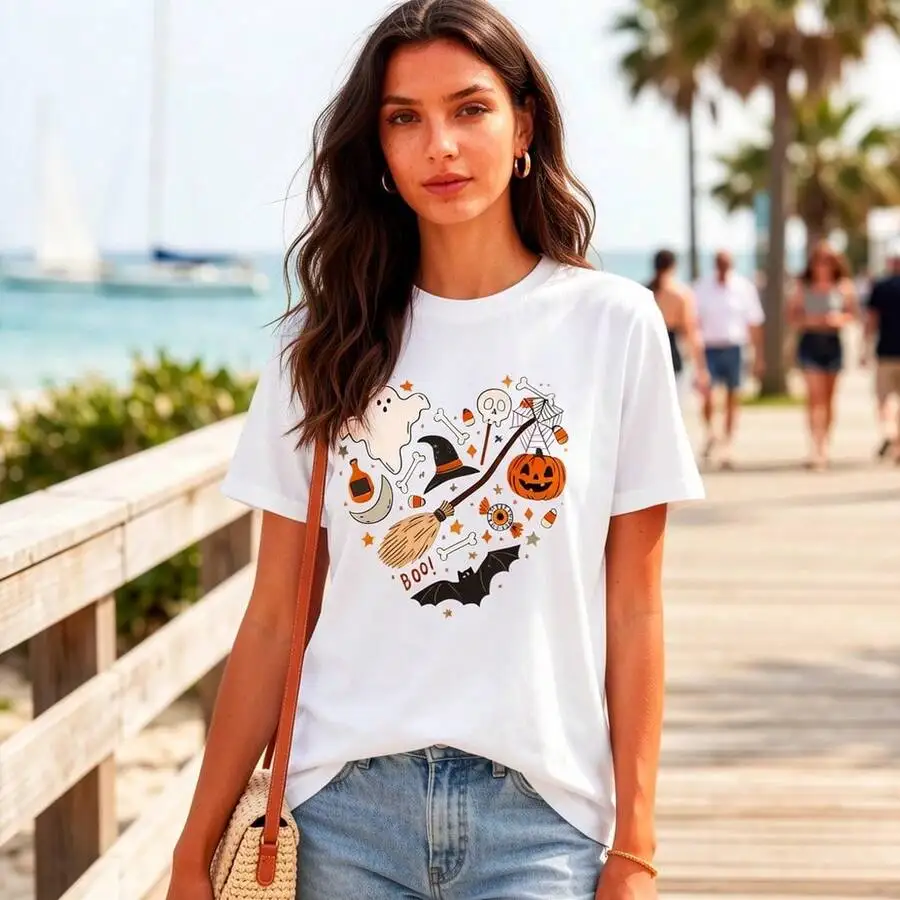 Women's Halloween Ghost Graphic Shirt Cute Pumpkin Witch Hat Print Tee Vintage Spooky Season Fall Y2K Streetwear Crew Neck Casual Short Sleeve Top For Autumn Daily Wear