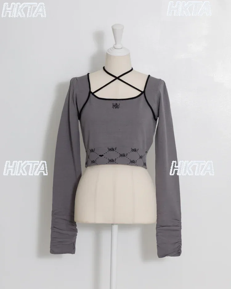 Japanese Sweet Jacquard Woven High Waist Splicing Strap Square Neck Long Sleeve Knitted T Shirt Women Commuter Tshirts Top