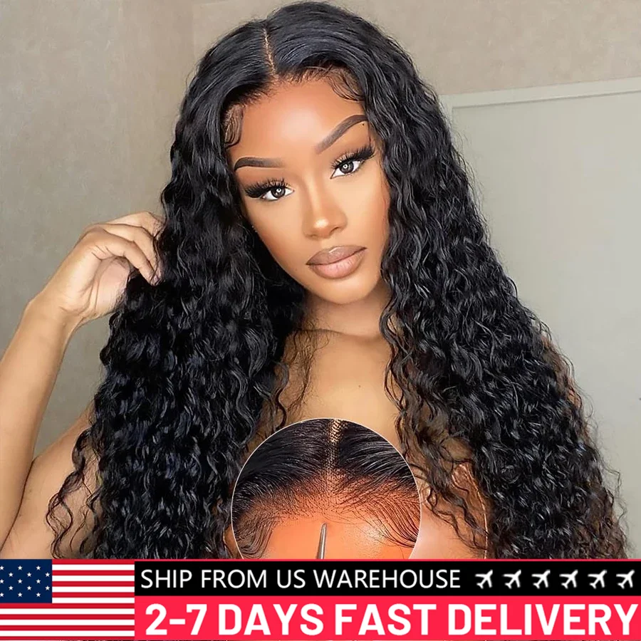 Deep Water Wave Glueless Wig Ready to Wear Pre-Cut 5x5 HD Lace Wig Pre-Plucked Glueless Curly Lace Frontal Human Hair Wigs