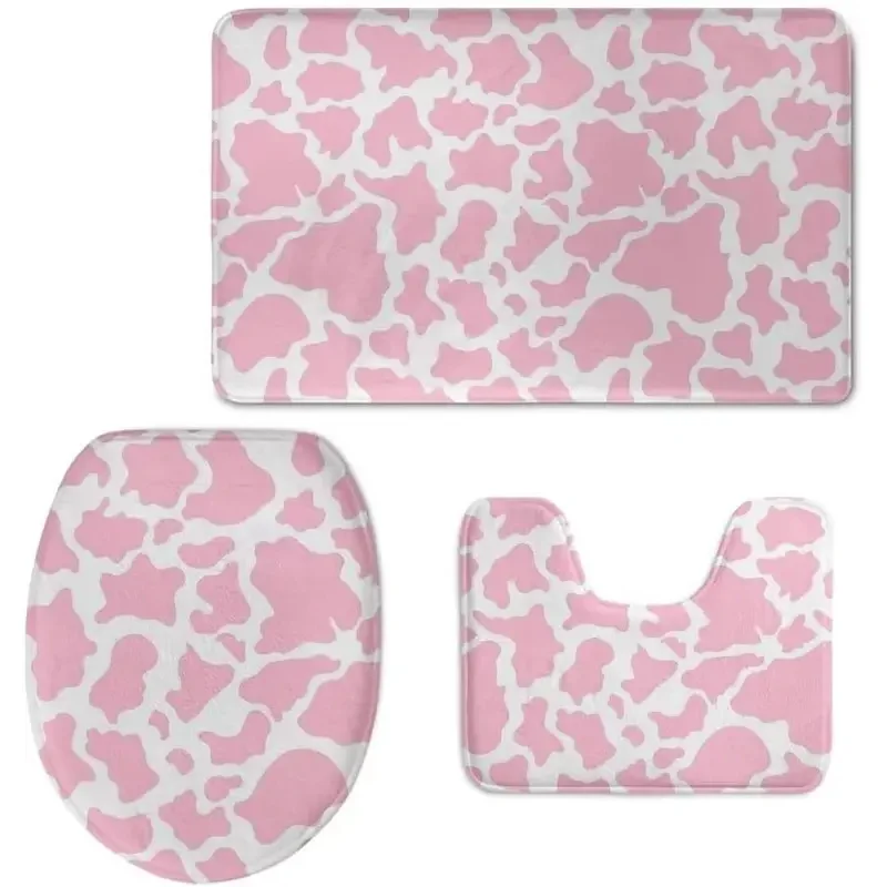 Pink Cow Print Animal bathroom rug mats set 3 piece soft non-slip bath rug toilet contour Mat toilet lid cover bath mat set