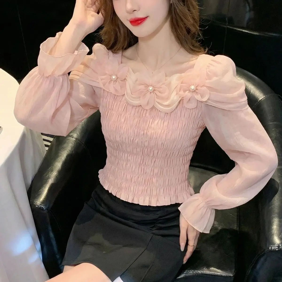 

French Flower Slim-fit T-shirt 2026 Spring Summer Women Off-shoulder Puff Sleeve Shirt Office Lady Long Sleeve Chiffon Blouses