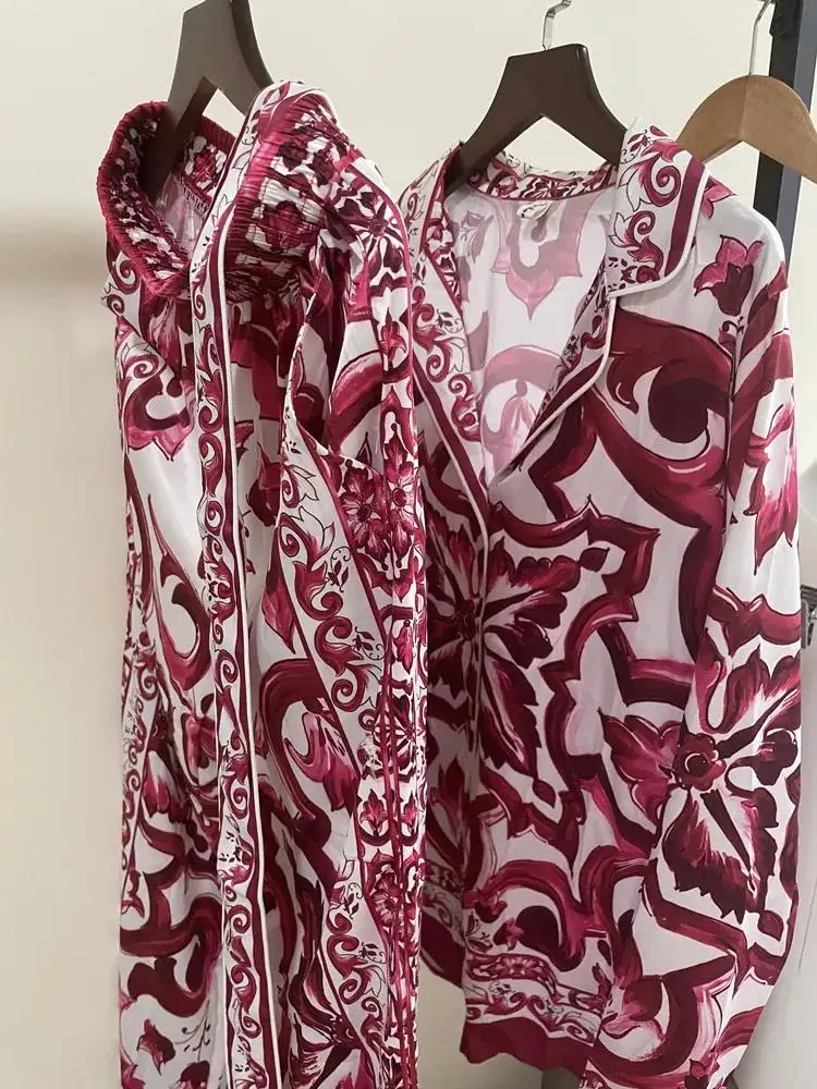 Women Notched Belt Shirt Top＋Elastic Waist Wide Leg Pant Suits Autumn Runway Red Blue and White Porcelain Silk Two Piece Set