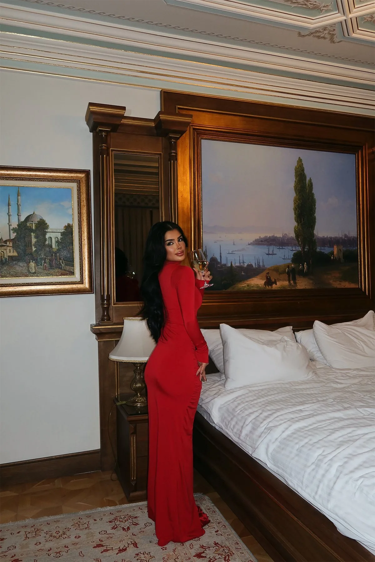 DSMTRC عيد الميلاد الأحمر الياقة المدورة نحيل الصلبة فستان الحفلات للنساء كم كامل مثير قطع فساتين ماكسي ثلاثية الأبعاد Flowear رداء أنيق