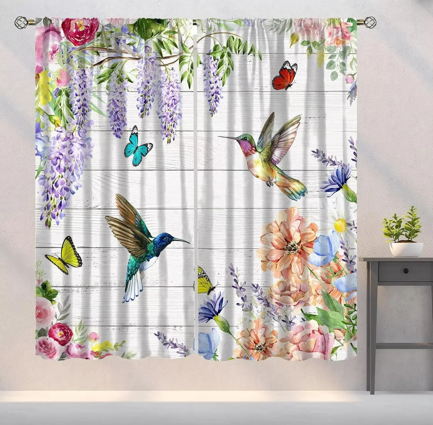 Bird Flower Curtains Hummingbird Colorful Flowers Art Printed Blackout Window Drapes for Bedroom Kitchen Decor Fabric Set