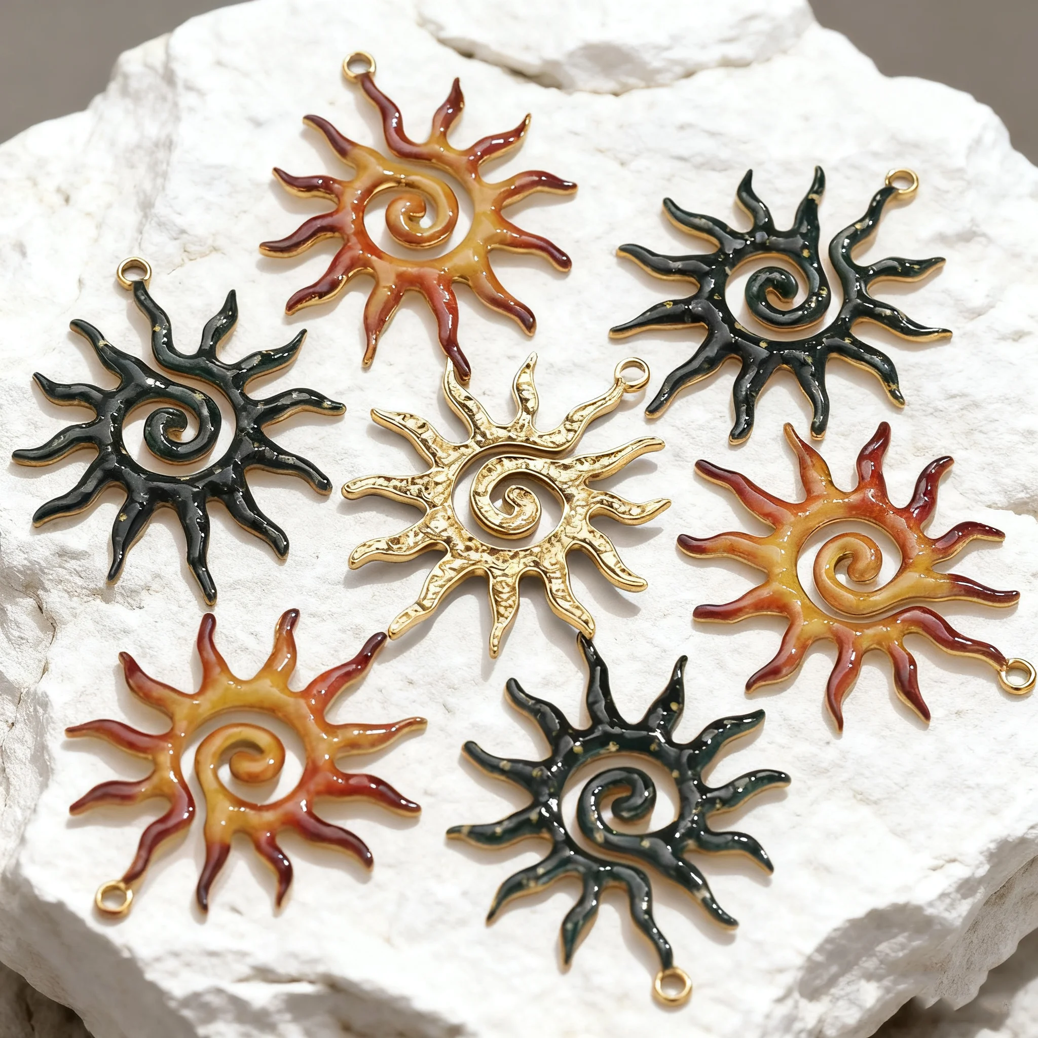 

5PCS Enamel Sun Charm Pendants Vintage Spiral Sunburst Connectors for Necklace Earring Jewelry Making Wholesale Retail Supplies