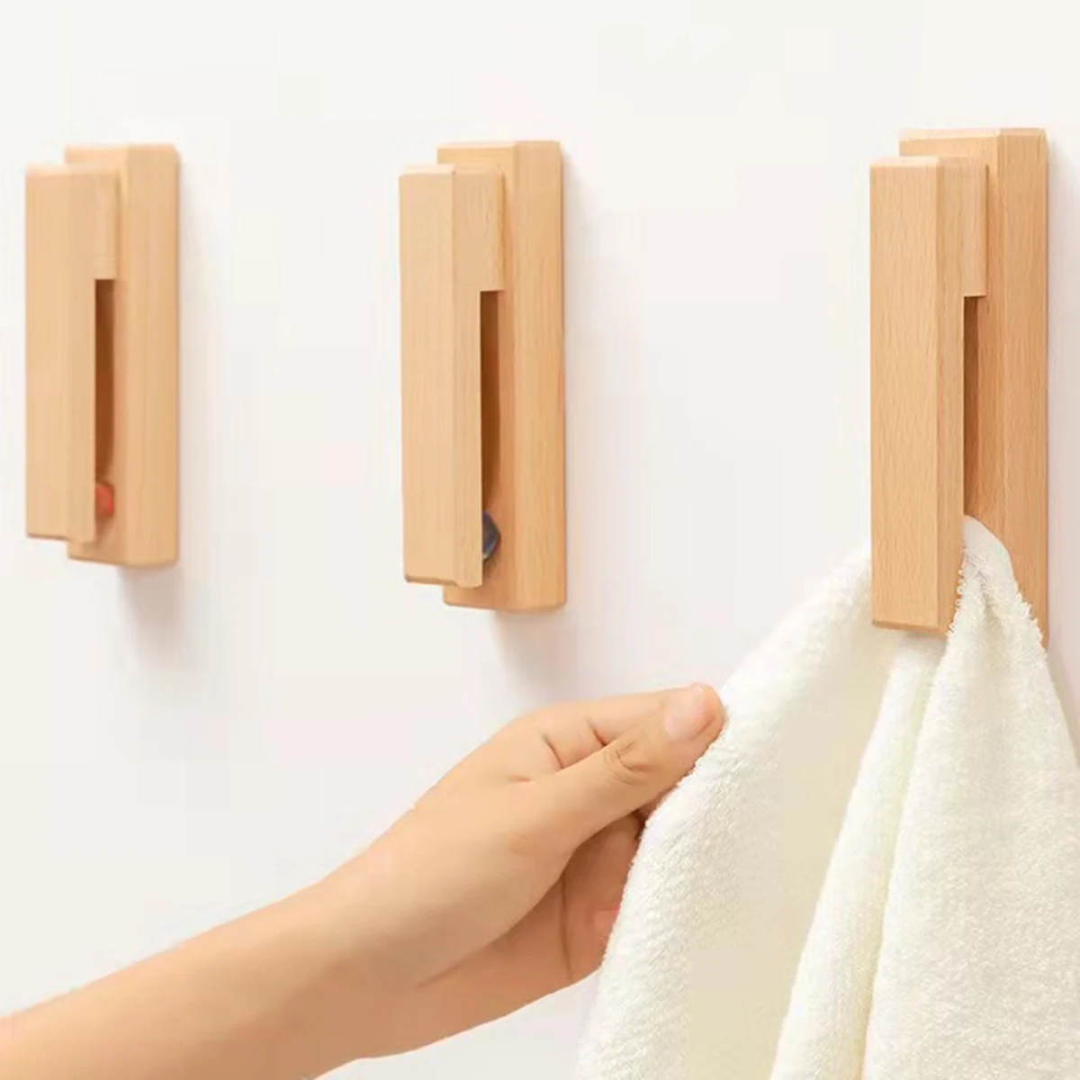 Scandinavian Wooden Towel Hooks No-Hole Bathroom Home Furnishings Strong Adhesive Wall Hooks Wall Coat Hooks