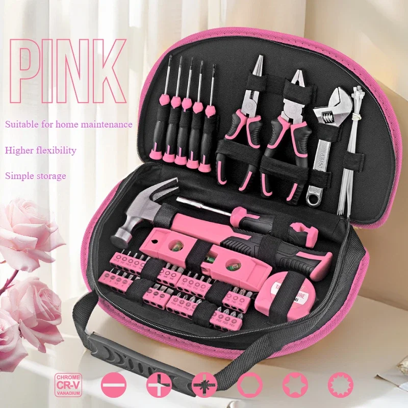 63-Piece Pink Tool Set for Women, Portable DIY Home Repair Kit