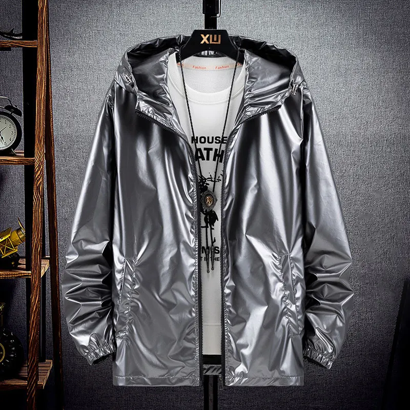 Men Shiny Jacket Shiny Silver Bright Hooded Zipper Bomber Jacket Autumn Thin Harajuku Windbreaker Waterproof Coats