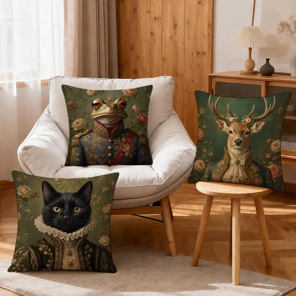 Art Animal-Print Decorative Cushion Cover Linen Anti-Mite Antibacterial Cushion Cover Invisible Zipper Sofa Decor