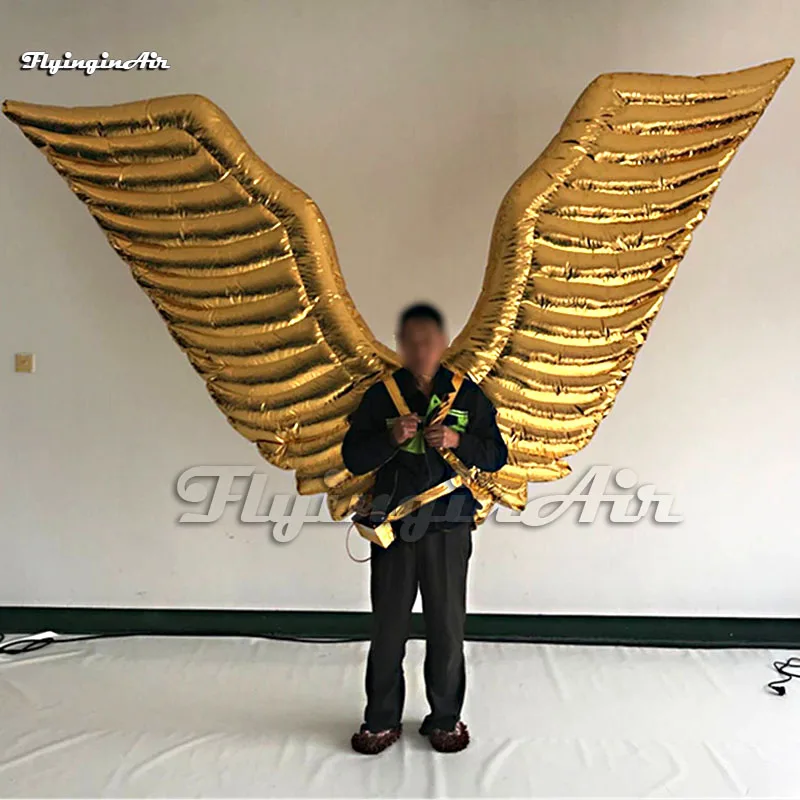 Luxury Adult Wearable Golden Inflatable Angel Wings Parade Costume Walking Blow Up Dancing Clothing For Fashion Show