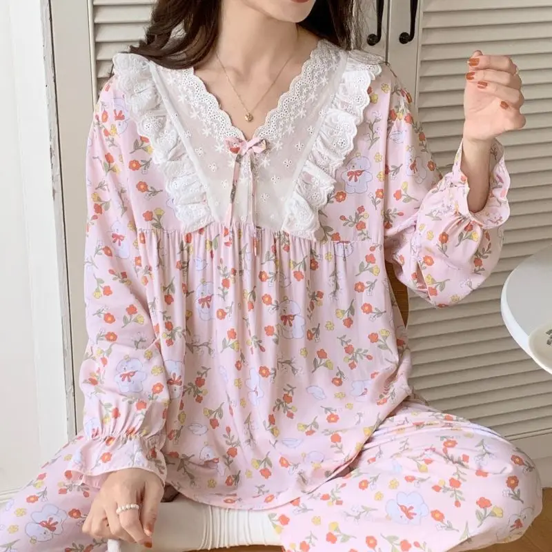 Pajama Sets Women Sweet Long Flare Sleeve Spring V-neck Lace Patchwork Home Bow Kawaii Student Girls Nightwear Loose Fashion