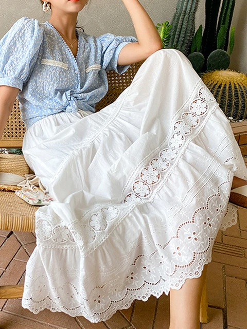 Jastie Boho Elegant White Long Skirt Women Hook Flower Hollow Folds Hem High waisted Skirts Casual Holiday Female Clothes 2022 Skirts AliExpress