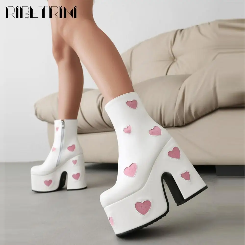 Elegant Women Ankle Boots Zipper Chunky High Heeled Heart Round Toe Platform Shoes Woman Luxury Fahsion Punk Goth Boots Winter