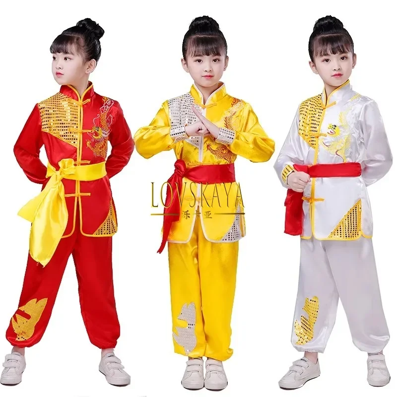 Disfraces de artes marciales con lentejuelas para niños, actuación de Kung Fu, Tai Chi, disfraz de dragón drumming