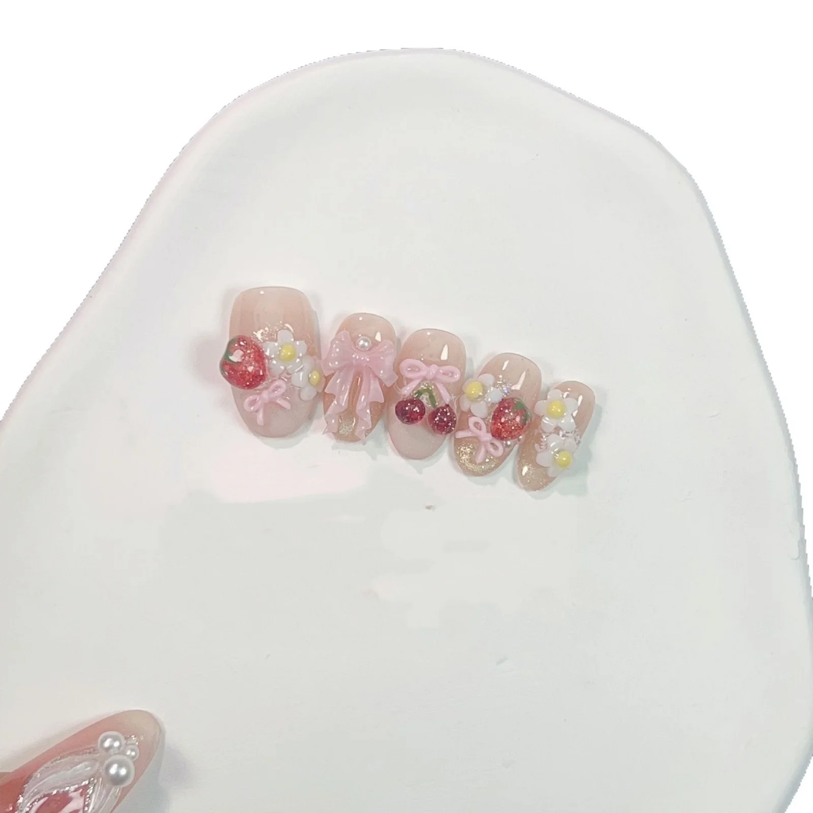 

10 Pcs Summer Cute Sweet Style Handmade Press on False Nails 3D Bow Cherry Strawberry Cat Eye Fake Nail Detachable Manicure Tips