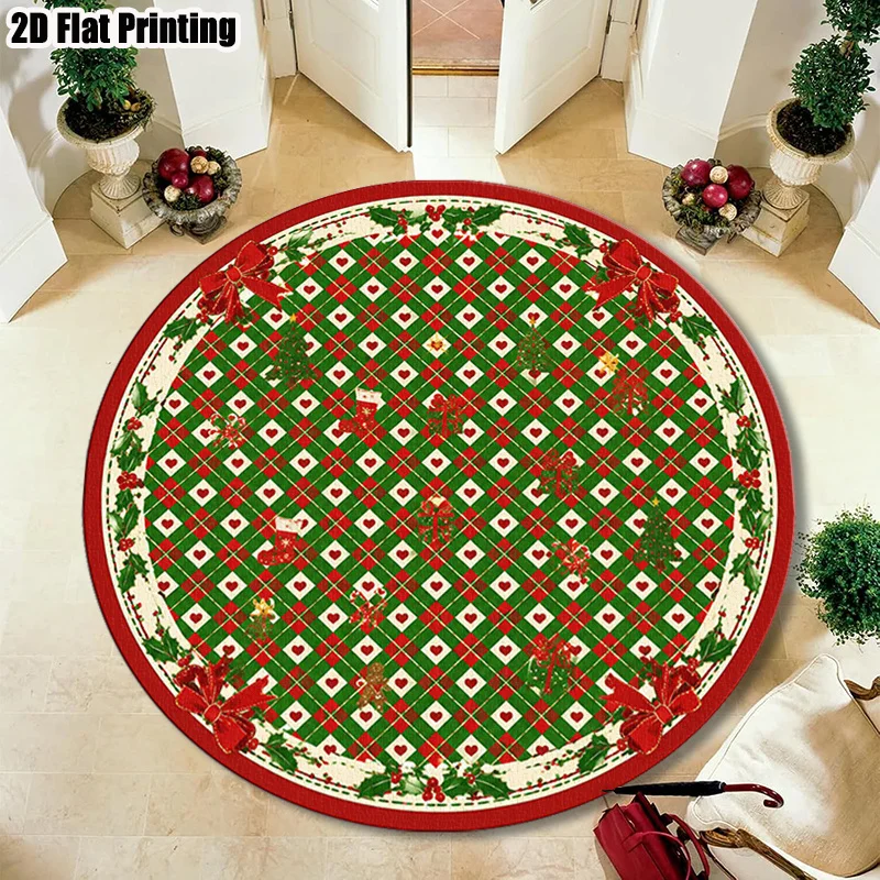 Christmas Bowknot Circle Carpet Festive Snowflake Sock Round Area Rug Non Slip Washable Entryway Bedroom Decoration