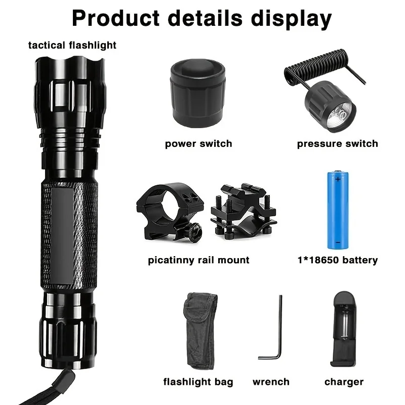 Rail Bracket And Tail Pressure Switch, Rechargeable 18650 Lithium Battery, Mostly Used For Hunting Outdoor Shooting Lights