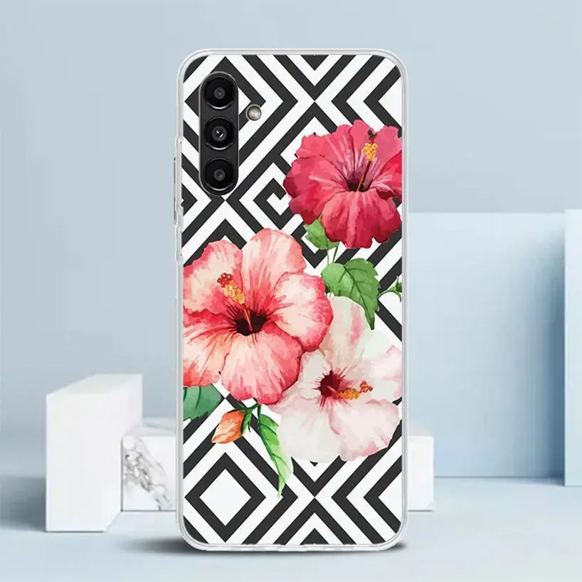 Black White Stripes Flower Phone Case For Samsung Galaxy A15 A14 A13 A12 A55 A54 A53 A52 A35 A34 A33 A32 A25 A24 A23 A22 A04S A0 image 2
