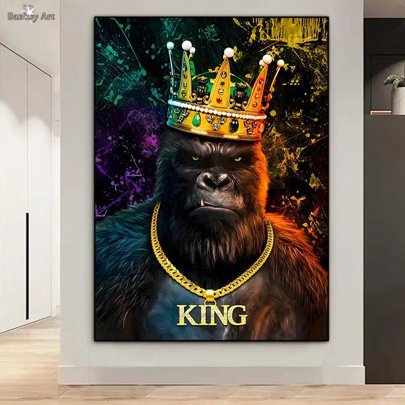 Gorilla With Crown Poster And Print Graffiti King Kong Canvas Painting Orangutan Animal Wall Art Home Decor Murals Frameless