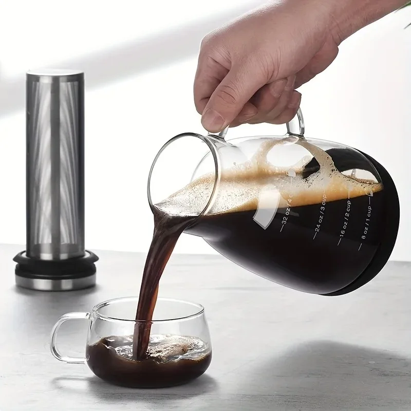 24oz Classic Glass Cold Brew Coffee Pitcher, Manual Pour-over Iced Coffee Maker, No-Electricity Glass Jug for Juice and Tea