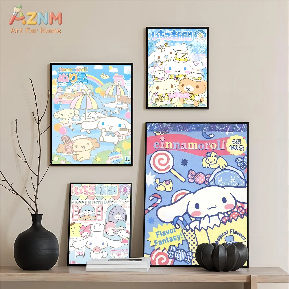 AZNM Cinnamoroll Sanrio Cute White Dog Canvas Wall Print Unframed Candy Rainbow Kawaii Girls Bedroom Decor Poster