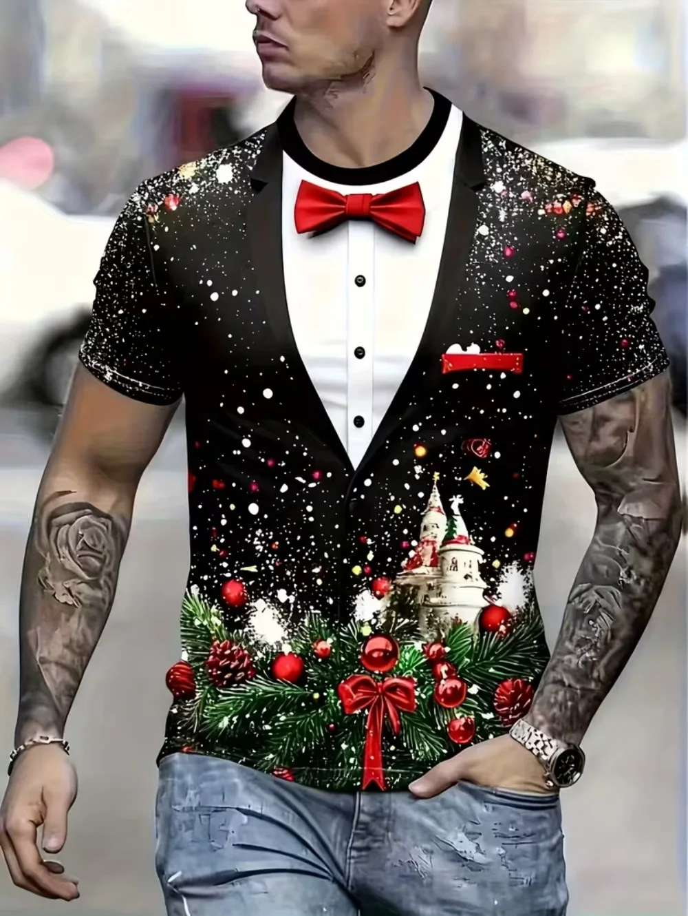 Gefälschte Anzug Muster T-Shirt männer Cosplay 3D Gedruckt T-Shirts Lustige Lebensechte Fliege Mode Straße Männer Oversize Kurzarm Top – Detail 7