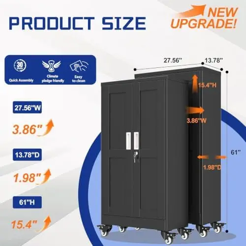 Metal Garage Storage Cabinet with Lock, 61” Tall Lockable File Cabinet with Wheels, Steel Tool Cabinet with 2 Door and