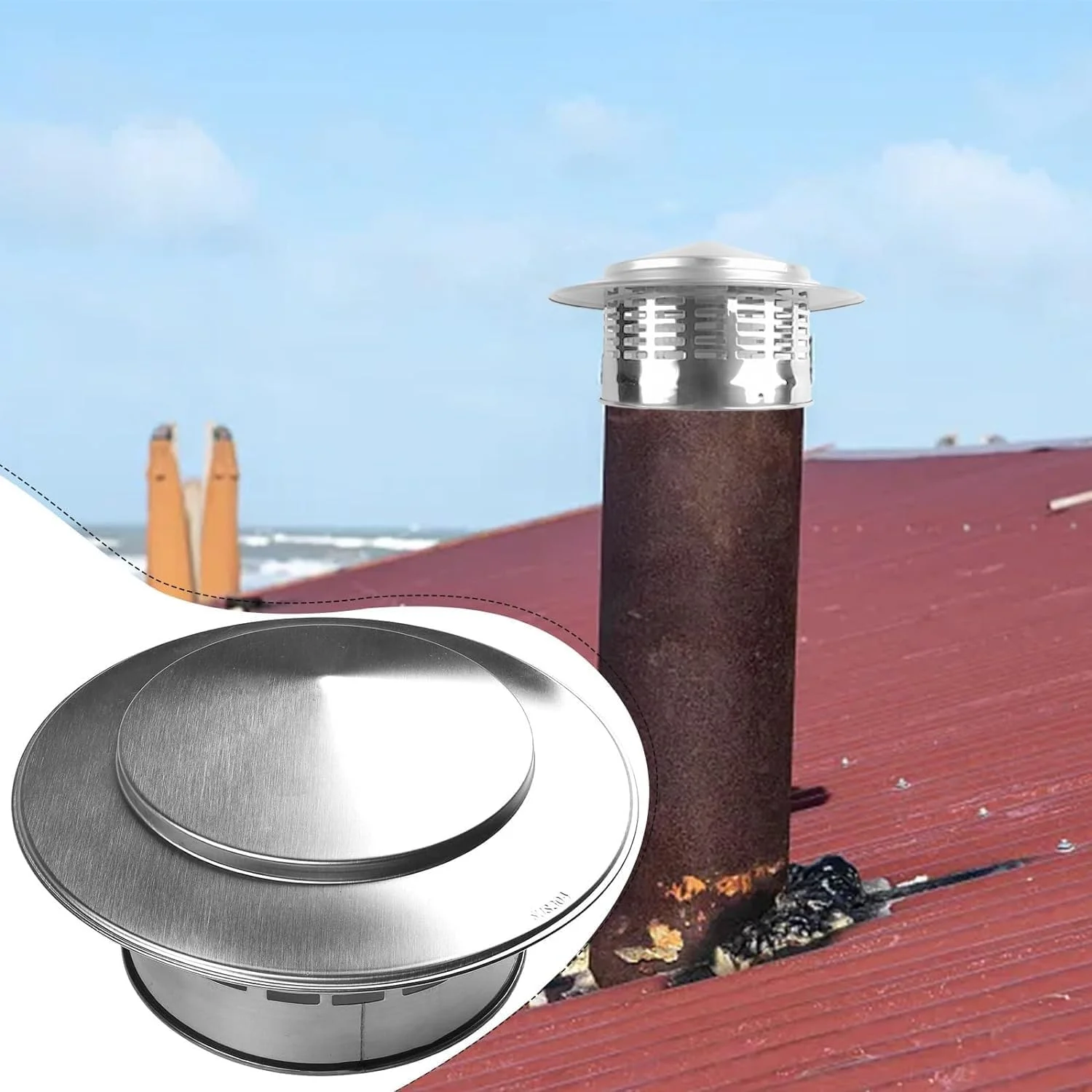 8 Inch Round Chimney , 8 Inch Chimney  with Screen, Stove Pipe Topper, 304 Stainless Steel(Full Width  8in, Interior Width  7.87