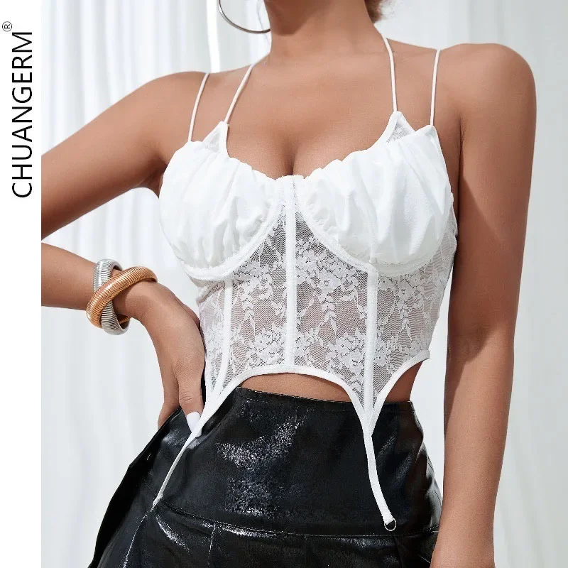 

CHUANGERM Sexy Corset Pure White Lace Up Cami Corset Tops Backless Bandage Strappy Hollow Out Sheer Camisole Vest Women Push Up