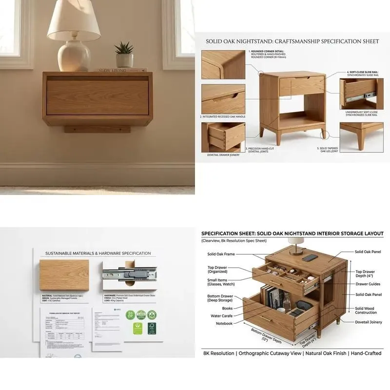 Solid Oak Bedside Table Modern Nordic Style Bedroom 2 Drawer Rounded Corner Side Table Hot Selling