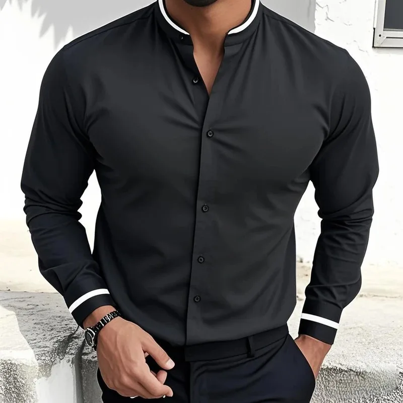 

Men's formal shirt solid color wedding outdoor black red navy blue dark green long sleeve stand collar summer spring wear S-6XL