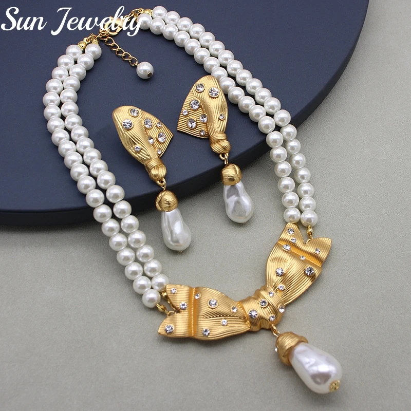 Rhinestone Pearl Necklace Brooch Earrings Set Medieval Style  Pearl Water Drop Pendant Choker Luxury Women Wedding Party Jewelry