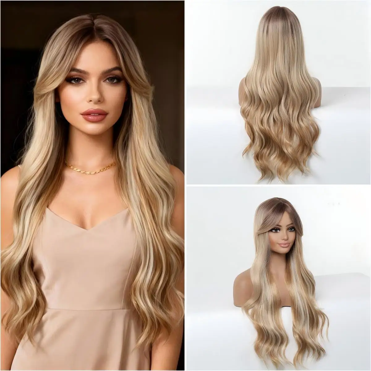 Women Long Curly Wig Balayage Color Middle Parting Daily Party Fashion Hairpieces