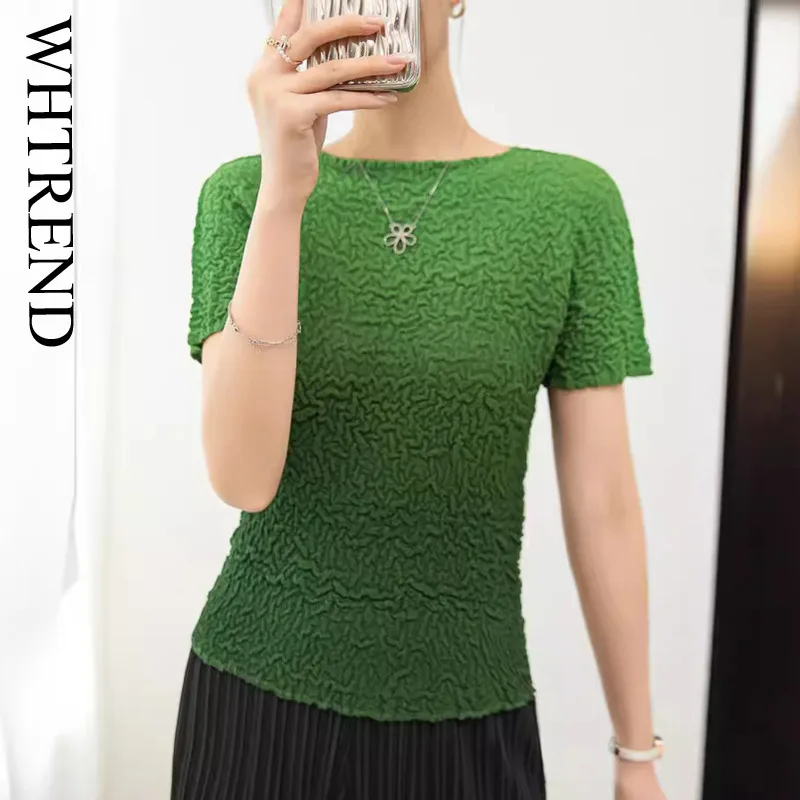 

WHTREND Pleated T-Shirt For Women New Fashion Round Neck Short Sleeves Stretch Gradient Color Base Shirt Women's Slim Top WH1965