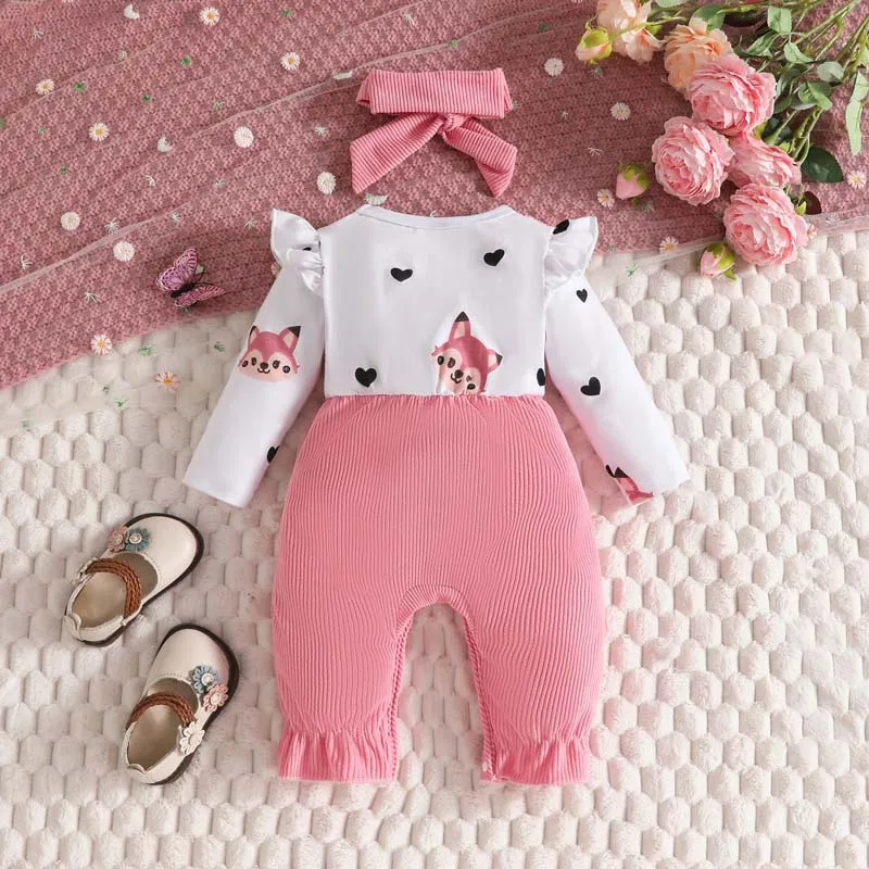 Abbigliamento per bambini Tute volpe cartone animato da 0 a 18 mesi Ragazzi Ragazze Tute stampate a maniche lunghe primaverili e autunnali con fascia per capelli