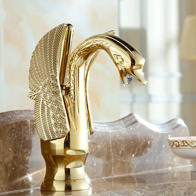 Becken Armaturen Neue Design Schwan Wasserhahn Gold Überzogene Waschbecken Wasserhahn Hotel Luxus Kupfer Gold Mixer Wasserhähne heißer und kalt wasserhähne