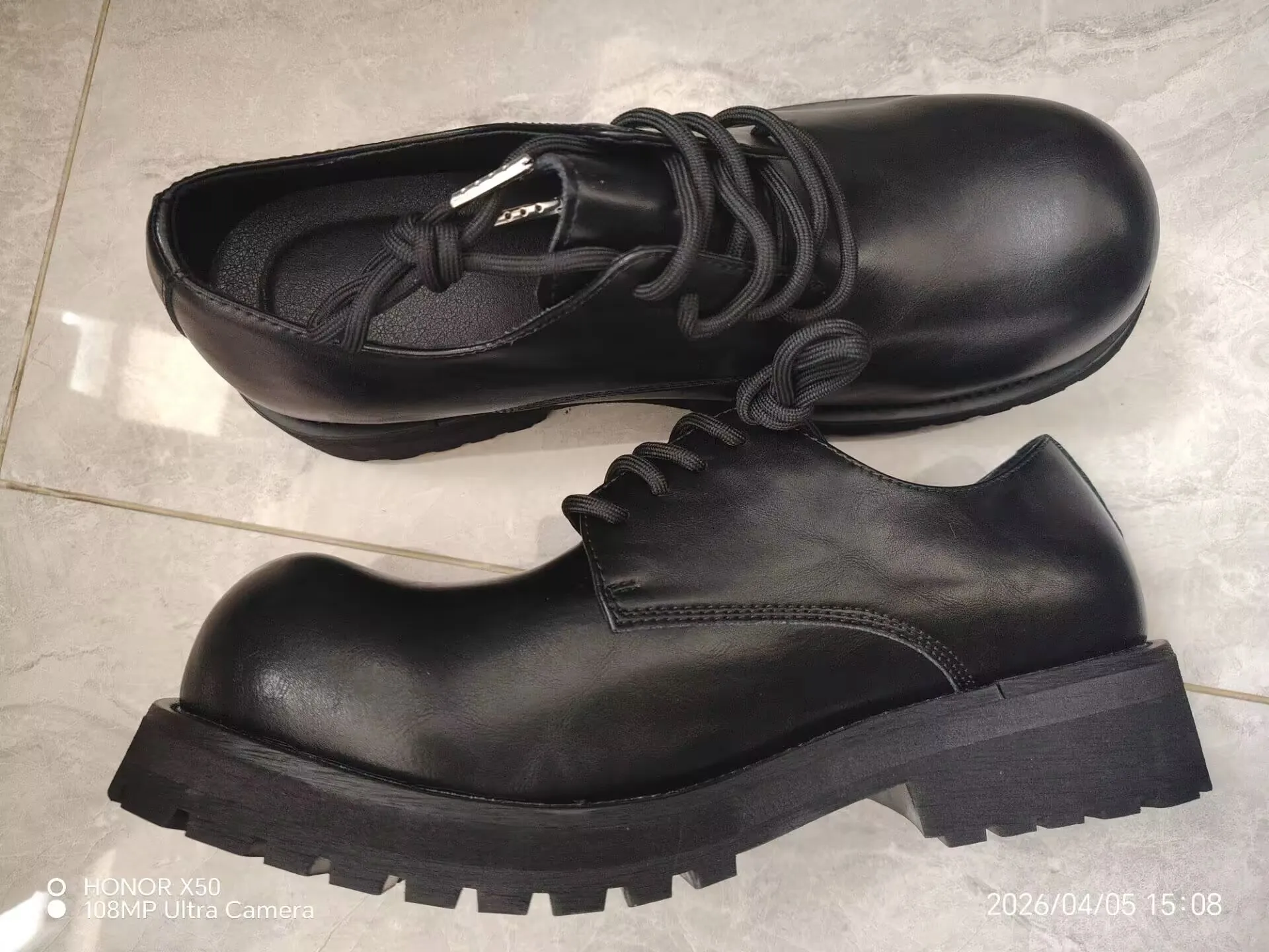 2025 New Men\'s Thick-soled Heightening Black Lace-up Round Head Horse Leather Made Old Derby Shoes