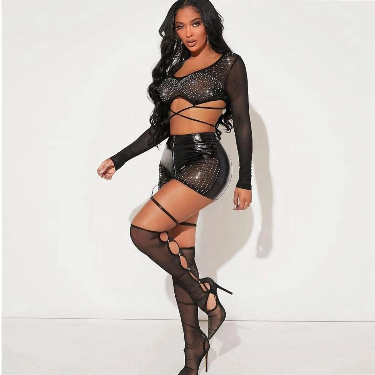 Black Sexy 2 Piece Sets Women Outfit Club Party Rhinestone Sheer Mesh Crop Top and Faux Leather Shorts New in Matching Sets Y2K