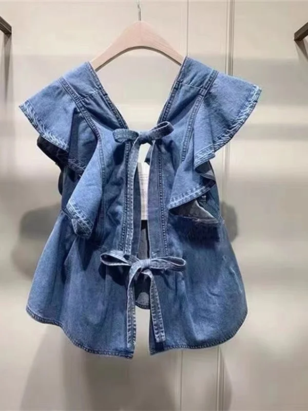 Blusas Mujer De Moda Verano Elegantes Women\'s V-neck High Waist Slim Ruffled Back Lace Up Denim Shirts Blouse Women Doll Top