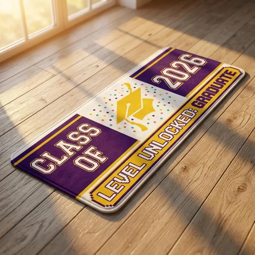 Class Of 2026 Graduation Runner Rug Level Unlocked Graduate Game Style Floor Mat Purple Gold Long Non Slip Washable Doormat