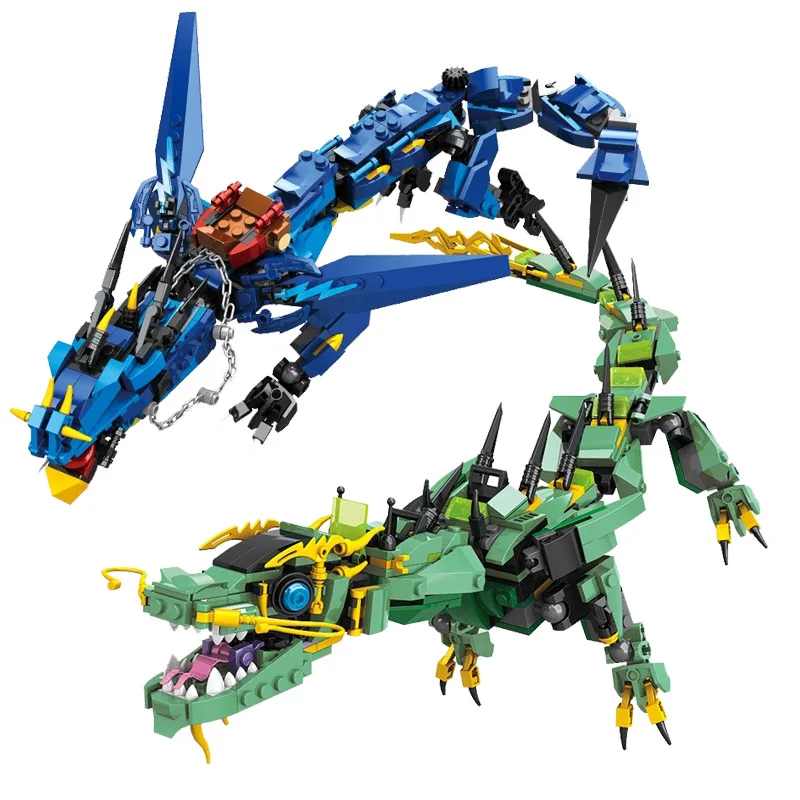 Película clásica trueno dragón azul y Mech volador dragón verde bloques de construcción juguetes educativos regalos de cumpleaños