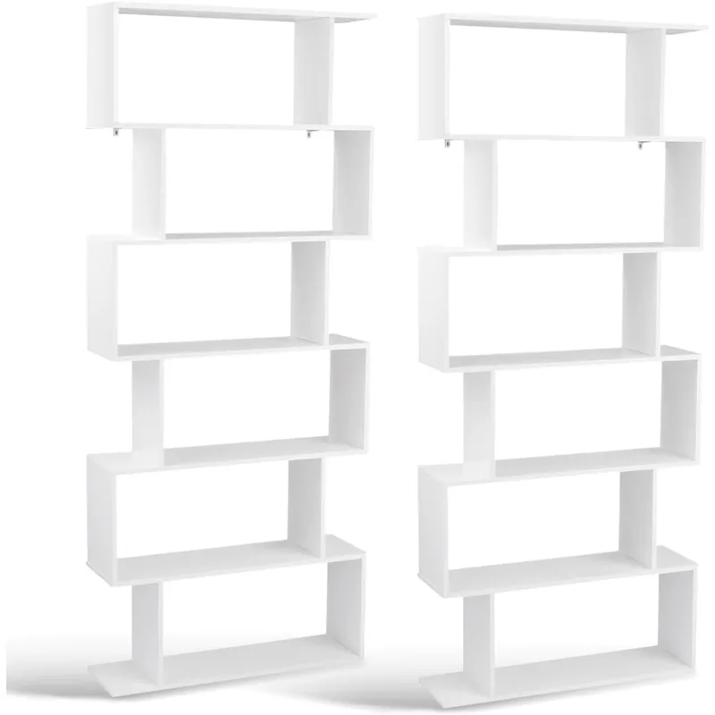 Tangkula 6-Tier Geometric Bookcase, Modern S-Shaped Storage Display Bookshelf for Living Room, Anti-Toppling Device (2, White)