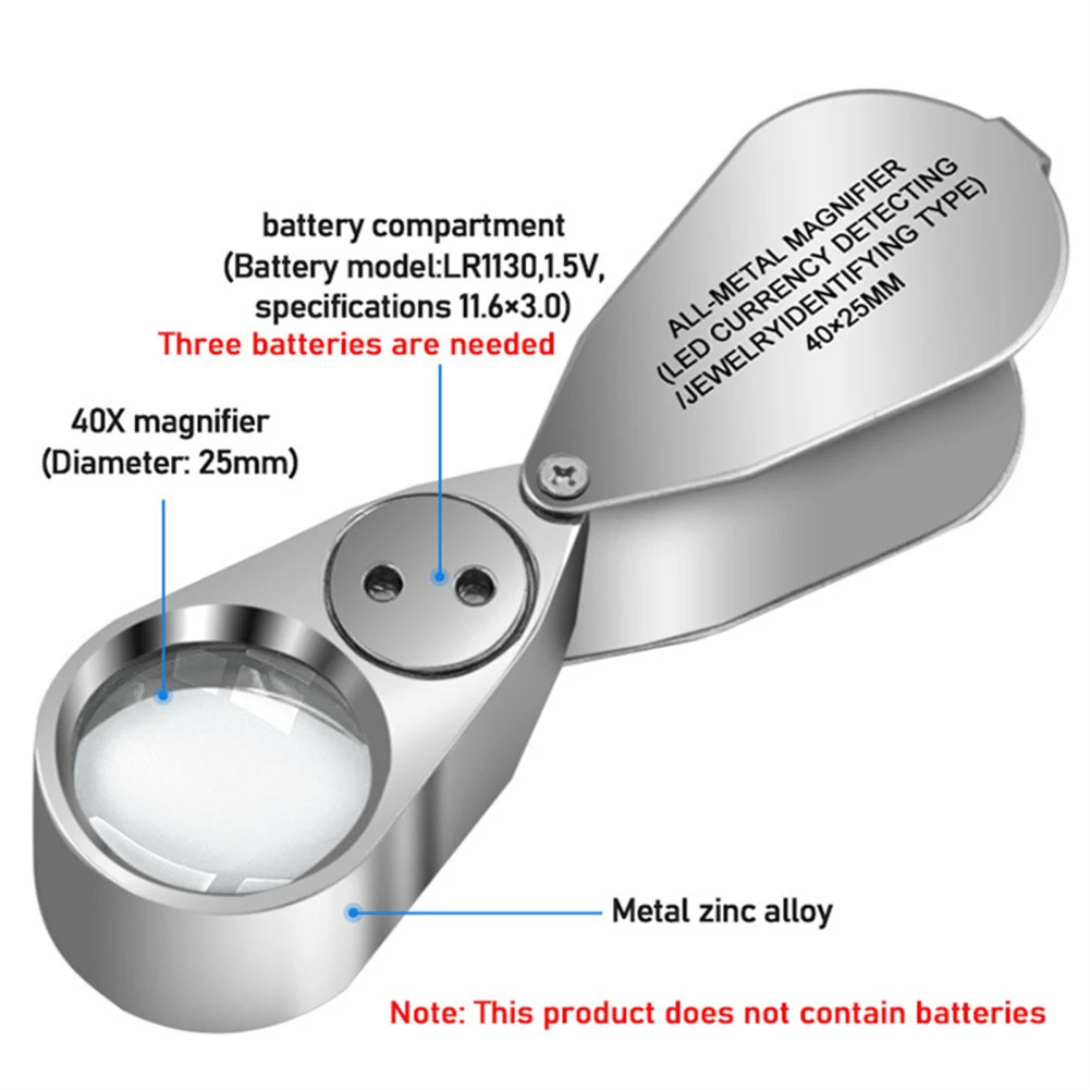 40X25Mm Led Lichtgevende Opvouwbare Vergrootglas Draagbare Handheld Metalen Sieraden Vergrootglas Met Led Uv Lamp Juweliers Eye Glass