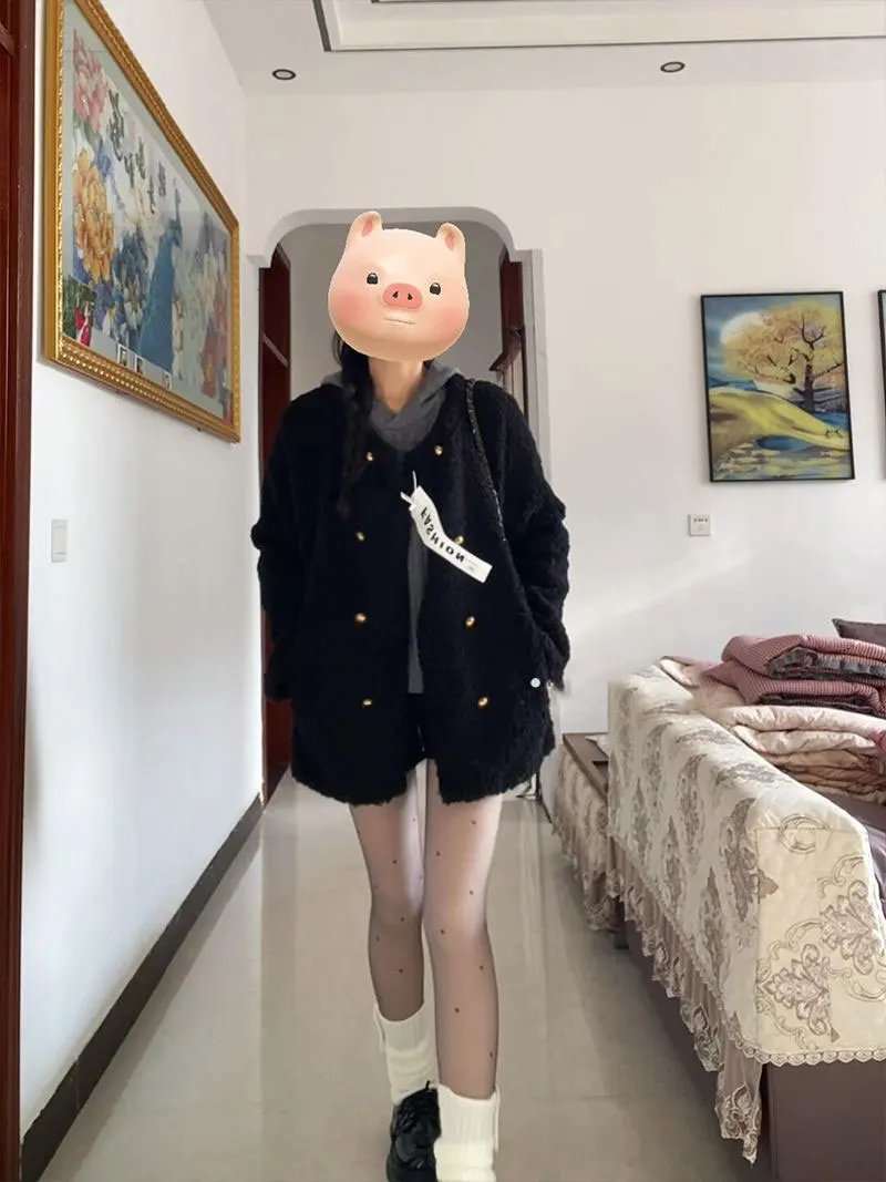 Ladies Large Size Lazy Style Double Buttoned Lamb Fur Coat Autumn Winter Loose Slimming Furry Outerwear Commute Style Fashion