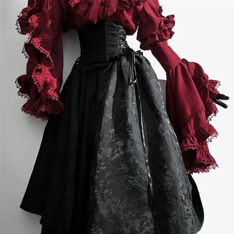 Vestido de Halloween preto e vermelho estilo gótico manga longa