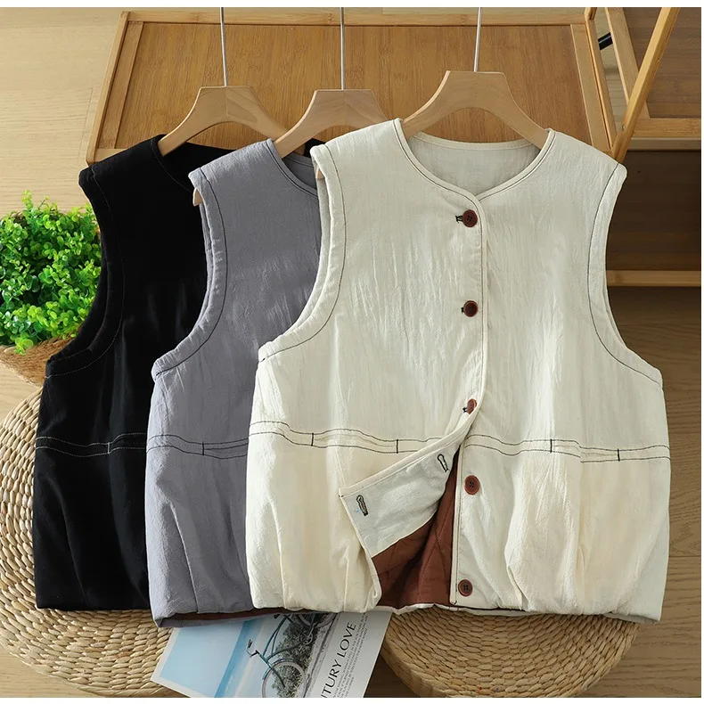

Women's Cotton-Lined Linen Vest Thin Winter New Sle Loose Fit Casual Faion Outerwear irt Thiened round Ne Single Bu...