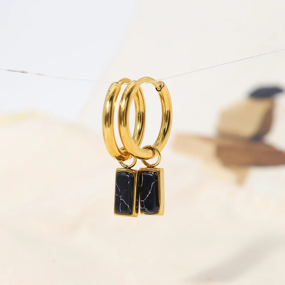 WILD & FREE 18K Gold Plated Stainless Steel Hoop Earrings for Women Black Stone Charm Trendy Simple Jewelry Waterproof