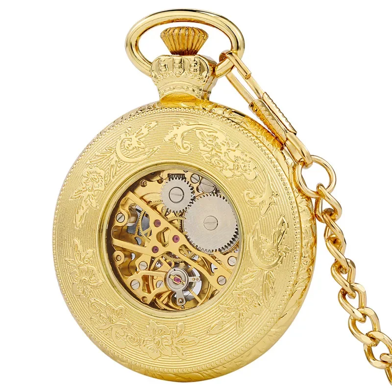 Luxury Yellow Gold Unisex Handwinding Mechanical Pocket Watch Roman Number Display Luminous Hands Pendant Chain Gift